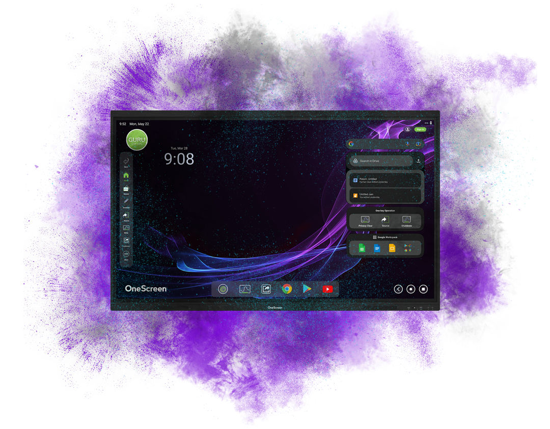 Pantalla interactiva OneScreen T7 encendida, mostrando su interfaz con fondo oscuro y acentos morados, menú lateral con acceso a herramientas rápidas y botón Gurú destacado. Fondo visual dinámico con salpicaduras de colores morado, negro y azul.